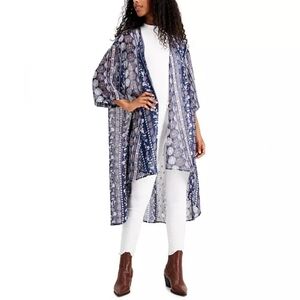 Gypsies & Moondust Blue Gold Metallic Floral Boho Kimono Duster Size Small